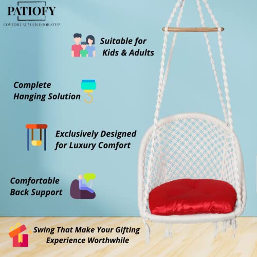 Patiofy باتيوفي كرسي أرجوحة قطنية على شكل D للبالغين - أرجوحة خشبية للمنزل، الشرفة، الداخلية - كرسي جولا/أونجال مع عدة تعليق ووسادة حمراء (أبيض)، 61 سم - Image 4