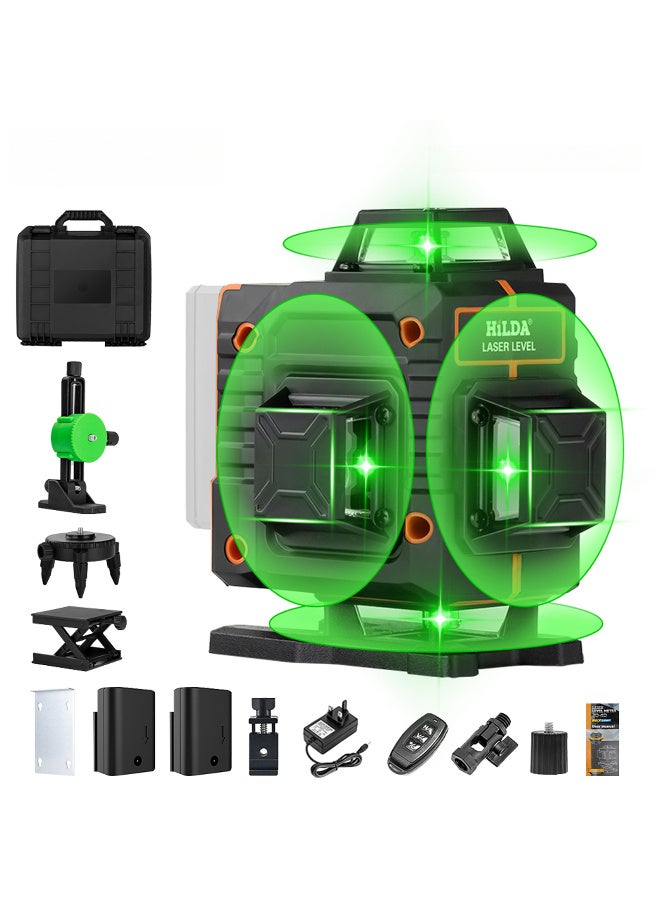 HILDA 4D 16 Lines Green Laser Level 360° Self-Leveling with 2 Batteries, Adjustable Brightness & Remote Control, for Tiling Floor Construction and Picture Hanging - Image 1