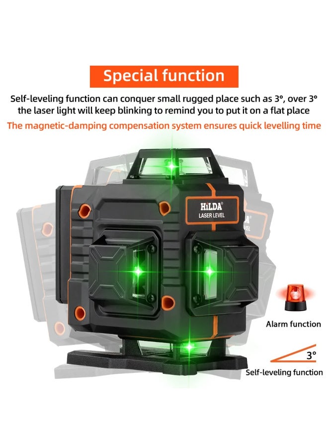 HILDA 4D 16 Lines Green Laser Level 360° Self-Leveling with 2 Batteries, Adjustable Brightness & Remote Control, for Tiling Floor Construction and Picture Hanging - Image 5