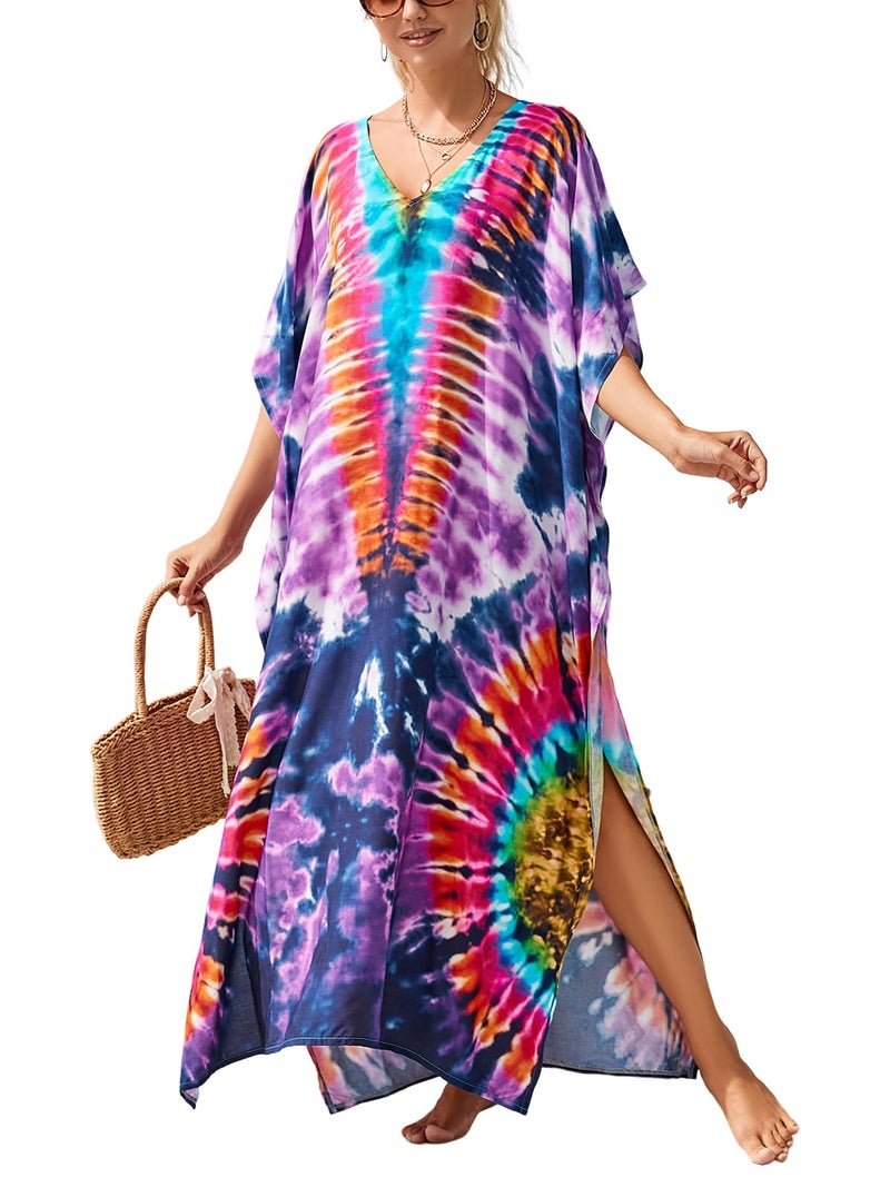 IMAGEKOPE Kaftan Dresses for Women Plus Size Bathing Suit Cover up Vneck Batwing Dress Loose fit Moroccan Caftan mumu Dresses Amethyst - Image 1