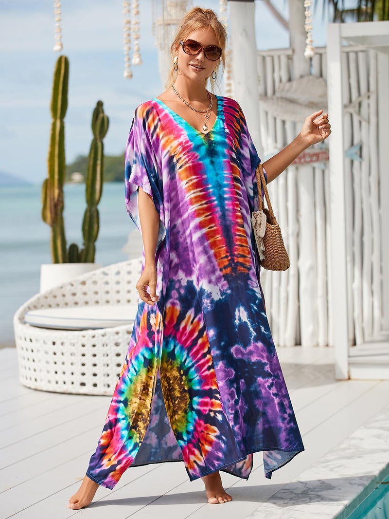 IMAGEKOPE Kaftan Dresses for Women Plus Size Bathing Suit Cover up Vneck Batwing Dress Loose fit Moroccan Caftan mumu Dresses Amethyst - Image 2