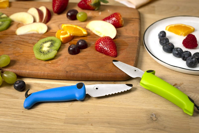 Kuhn Rikon KinderkitchenÂ® Kids Chef Knife Set With Scissors, 3 Pieces, Green/Blue/White| Cutting Tools Made for Real Cooking | Child Friendly Animal Designs With Hand Guard & Snipper Cover For Safety - Image 5