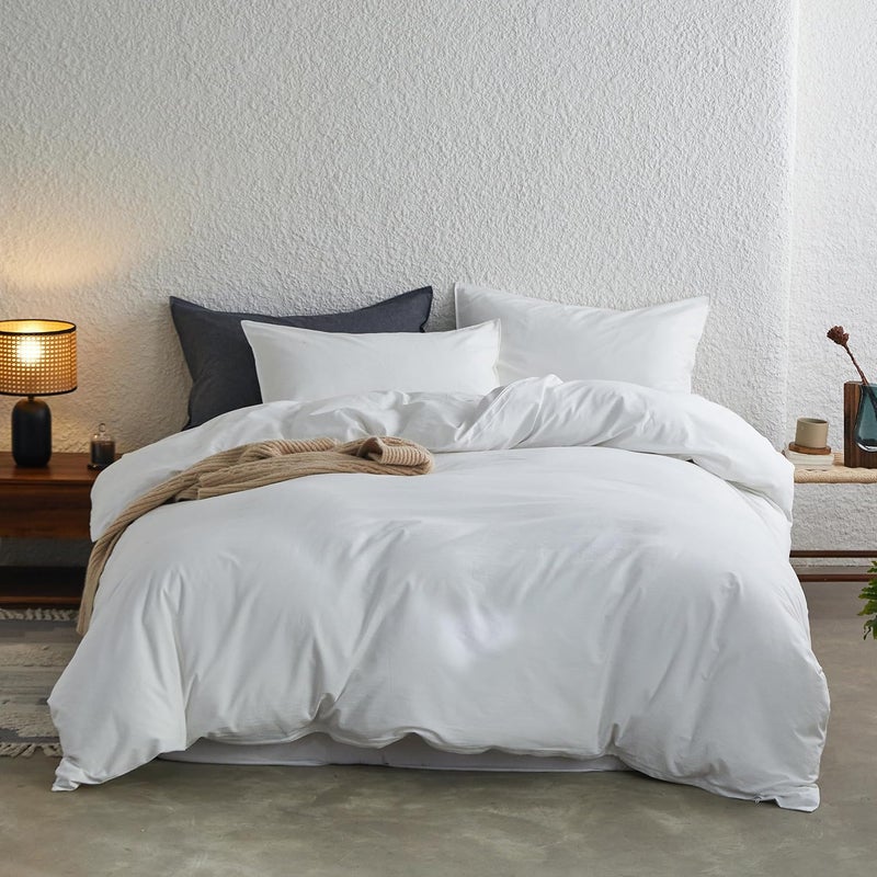 Simple&Opulence Duvet Cover Set 100% Washed Cotton Comfy Soft Breathable Cozy Textured Solid Color Comforter Cover for All Seasons Bedding Sets, White Single 135x200cm - Image 1