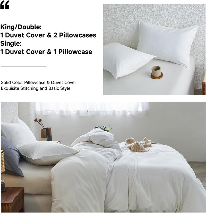 Simple&Opulence Duvet Cover Set 100% Washed Cotton Comfy Soft Breathable Cozy Textured Solid Color Comforter Cover for All Seasons Bedding Sets, White Single 135x200cm - Image 4