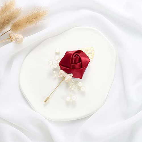Latious Wedding Satin Rose Boutonniere Red Groom Silk Flower Pin Men's Boutineer Suit Decoration Party Prom Anniversary Accessories for Bridegroom and Man (A- Red) - Image 2