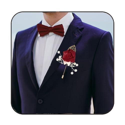 Latious Wedding Satin Rose Boutonniere Red Groom Silk Flower Pin Men's Boutineer Suit Decoration Party Prom Anniversary Accessories for Bridegroom and Man (A- Red) - Image 1
