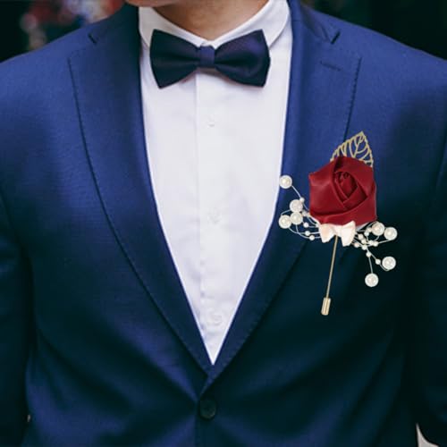 Latious Wedding Satin Rose Boutonniere Red Groom Silk Flower Pin Men's Boutineer Suit Decoration Party Prom Anniversary Accessories for Bridegroom and Man (A- Red) - Image 5