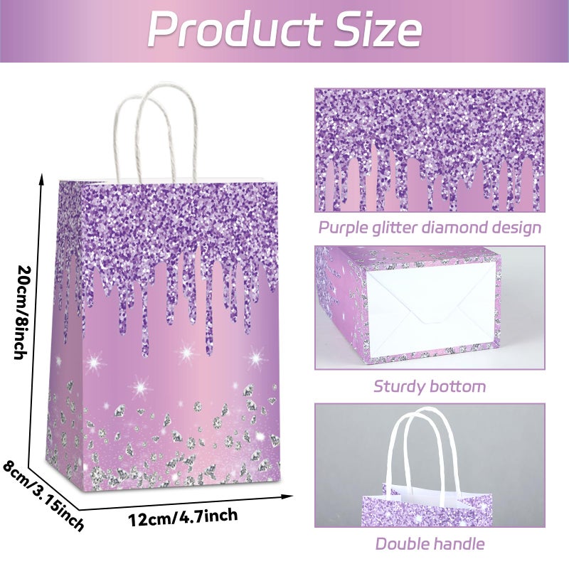 Naozinebi 12Pcs Purple and Silver Gift Bags Glitter Diamond Goodie Bag Happy Birthday Treat Bag Glitter Purple Candy Bags Supplies for Wedding Bridal Baby Shower Holiday Party Favors Decorations 4.7*3.15*8inch - Image 2