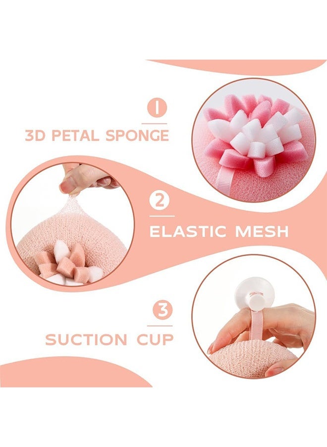 قطعتان من إسفنجة الاستحمام فائقة النعومة على شكل زهرة عباد الشمس مع كوب شفط - كرة ليف استحمام شبكية مقشرة لإكسسوارات الحمام، مقشر للجسم على شكل زهرة لطيفة للأطفال والكبار، لطيف على البشرة - Image 2