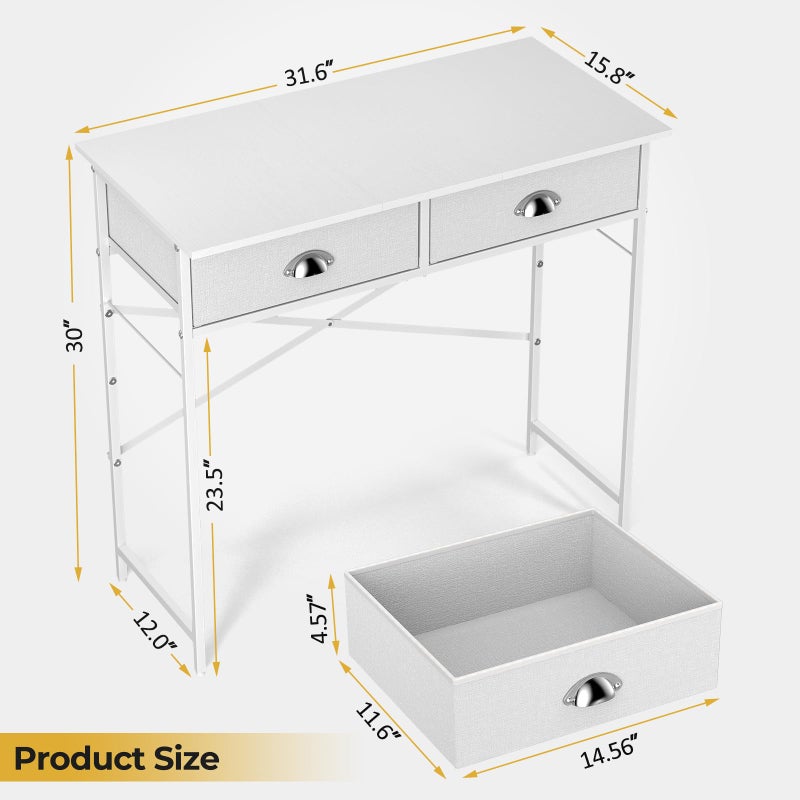 DAOUTIME Small Writing Desk for Kids Bedroom, 31.5 Inch White Computer Desk for Small Spaces, Simple Desk with 2 Fabric Drawers for Home Office, Dorm, Living Room, Home Study Table, White - Image 2