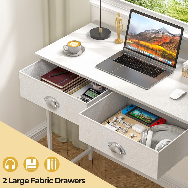 DAOUTIME Small Writing Desk for Kids Bedroom, 31.5 Inch White Computer Desk for Small Spaces, Simple Desk with 2 Fabric Drawers for Home Office, Dorm, Living Room, Home Study Table, White - Image 4
