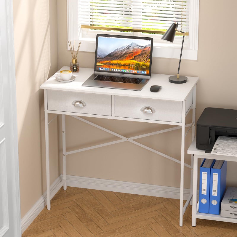 DAOUTIME Small Writing Desk for Kids Bedroom, 31.5 Inch White Computer Desk for Small Spaces, Simple Desk with 2 Fabric Drawers for Home Office, Dorm, Living Room, Home Study Table, White - Image 1