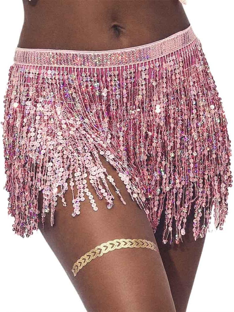 REETAN Fringe Sequin Skirt Belly Dance Sparkly Rave Skirts for Women - Image 3