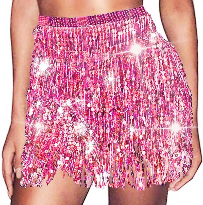 REETAN Fringe Sequin Skirt Belly Dance Sparkly Rave Skirts for Women - Image 1