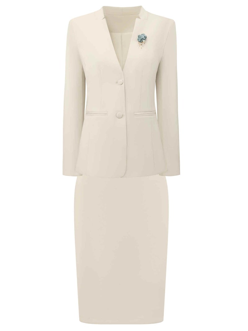 Hobemty Women's Skirt Suit Set 2 Piece Outfit Business Work Blazers and Pencil Skirts with Brooch Pin Medium Beige - Image 1