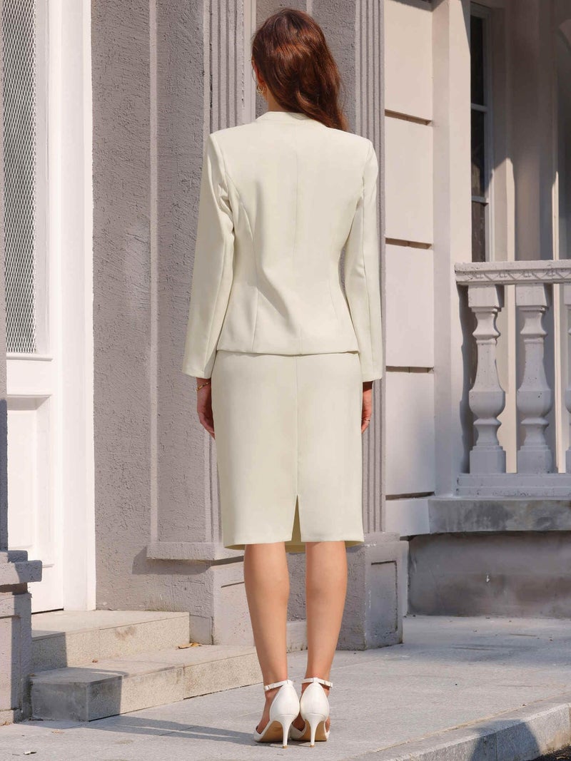 Hobemty Women's Skirt Suit Set 2 Piece Outfit Business Work Blazers and Pencil Skirts with Brooch Pin Medium Beige - Image 4