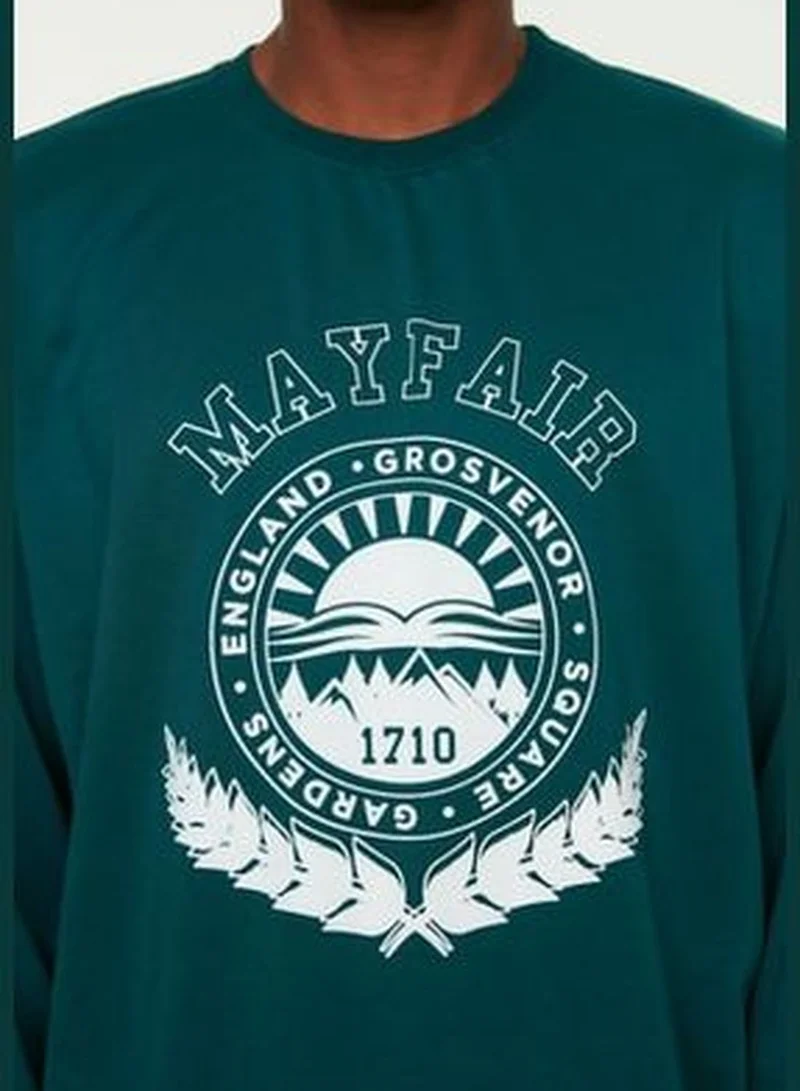 trendyol Men's Emerald Green Oversize/Wide-Fit Crew Neck College Printed Sweatshirt TMNAW22SW0812