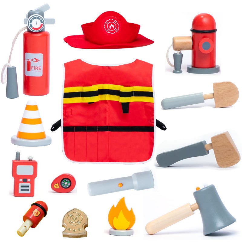 UMU Firefighter Costume for Kids 14 PCS Pretend Toy Wooden Fireman Role Play Firefighter Accessories with Fire Extinguisher and Hydrant Fireman Costume Kit for Kids 3 4 5 Toddlers Boys Girls - Image 3
