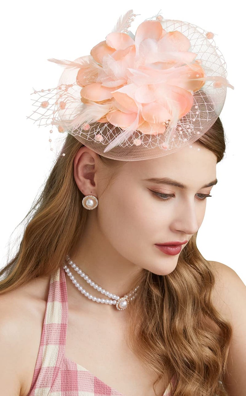 Cizoe Fascinators Hats for Womens 50s Headwear with Veil Flower Cocktail Wedding Tea Party Church Derby Hat (1-4-champagne)