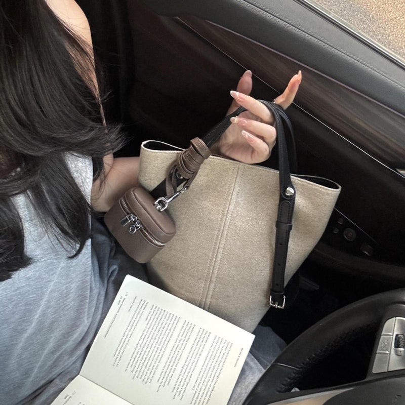 حقيبة دلو من الكانفاس بمظهر الكتان، سعة كبيرة، حقيبة كتف/يد للنساء - Image 2