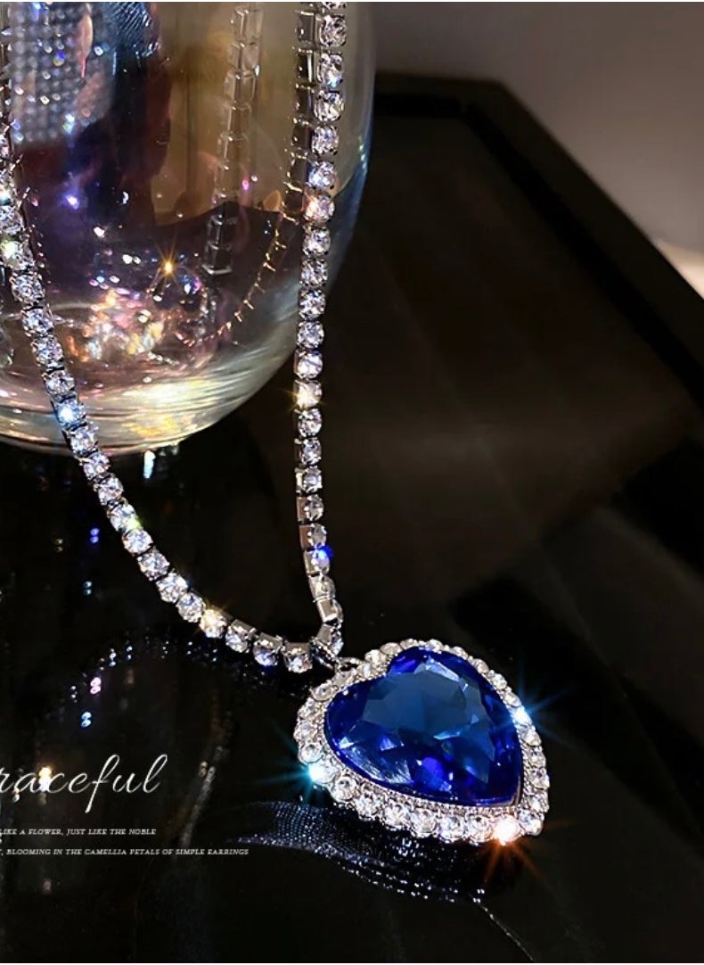 Dior Addict - Titanium Blue Heart Crystal Love Full Rhinestone Chain Necklace Jewelry - Image 1