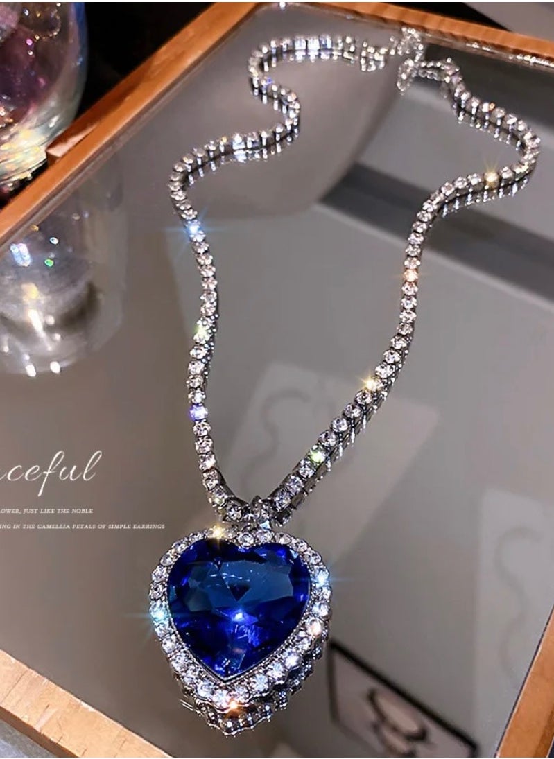Dior Addict - Titanium Blue Heart Crystal Love Full Rhinestone Chain Necklace Jewelry - Image 1