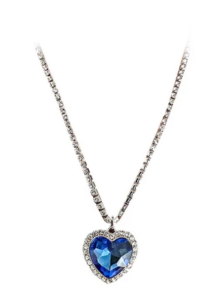 Dior Addict - Titanium Blue Heart Crystal Love Full Rhinestone Chain Necklace Jewelry - Image 1