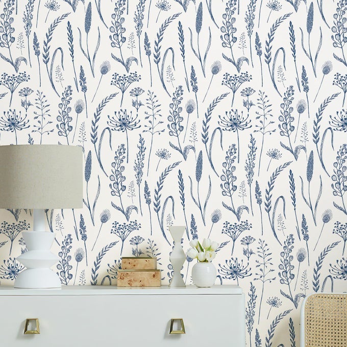 PEEL AND STICK WALLPAPER FARMHOUSE VINTAGE FLORAL CONTACT PAPER WHEAT MEADOW REMOVABLE SELF ADHESIVE WALLPAPER BLUE AND WHITE 142 SQFT