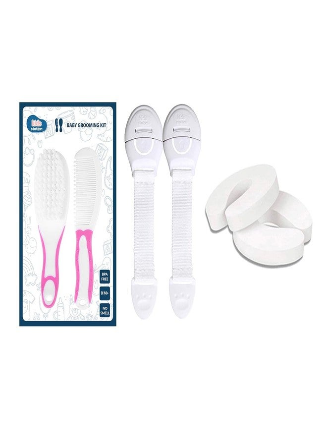Chipmunks Baby Proofing Finger Pinch Door Guard for Kids Safety, Made in India, Door Stopper Guard for Accidental Door Lock & Slamming for Child, Babies & Pet Safety (Multi, 2 Lock White+2 Door Stopper+1 Grooming Kit Pink) - Image 1