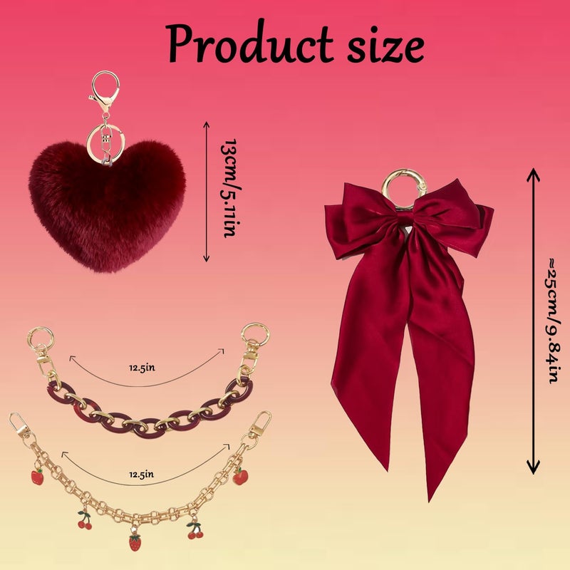 CuddleJunk Bag Charms for Tote Bags, Satin Bow Keychain Kit Accessories for Yeti Camino, Fluffy Ball Gold Chains Charms for Women Purse Beach Handbag (Dark Red) - Image 2