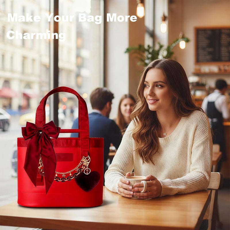 CuddleJunk Bag Charms for Tote Bags, Satin Bow Keychain Kit Accessories for Yeti Camino, Fluffy Ball Gold Chains Charms for Women Purse Beach Handbag (Dark Red) - Image 4