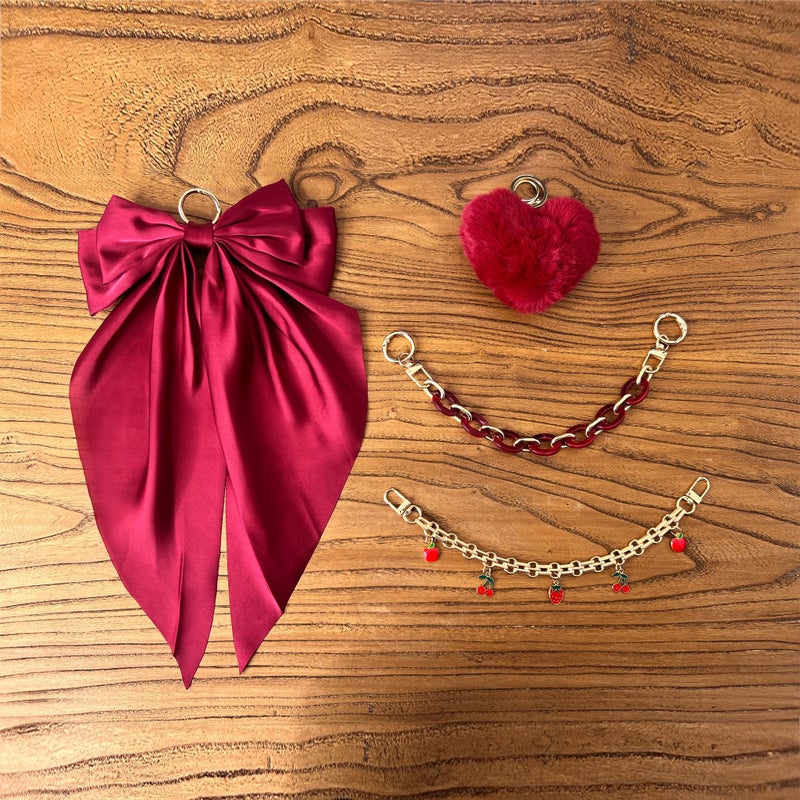 CuddleJunk Bag Charms for Tote Bags, Satin Bow Keychain Kit Accessories for Yeti Camino, Fluffy Ball Gold Chains Charms for Women Purse Beach Handbag (Dark Red) - Image 3