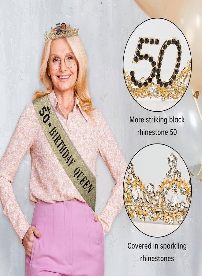 Uiorgui 50th Birthday Crown and Sash for Women, 50 Tiara Black Gold 50th Birthday Decorations Gifts Favors for Female Friends Sister Wife Mom - Image 3