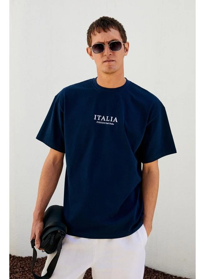Grimelange ITALIA Men's 100% Organic Cotton Front and Back Print Detailed Oversized Short Sleeve Navy T-Shirt.