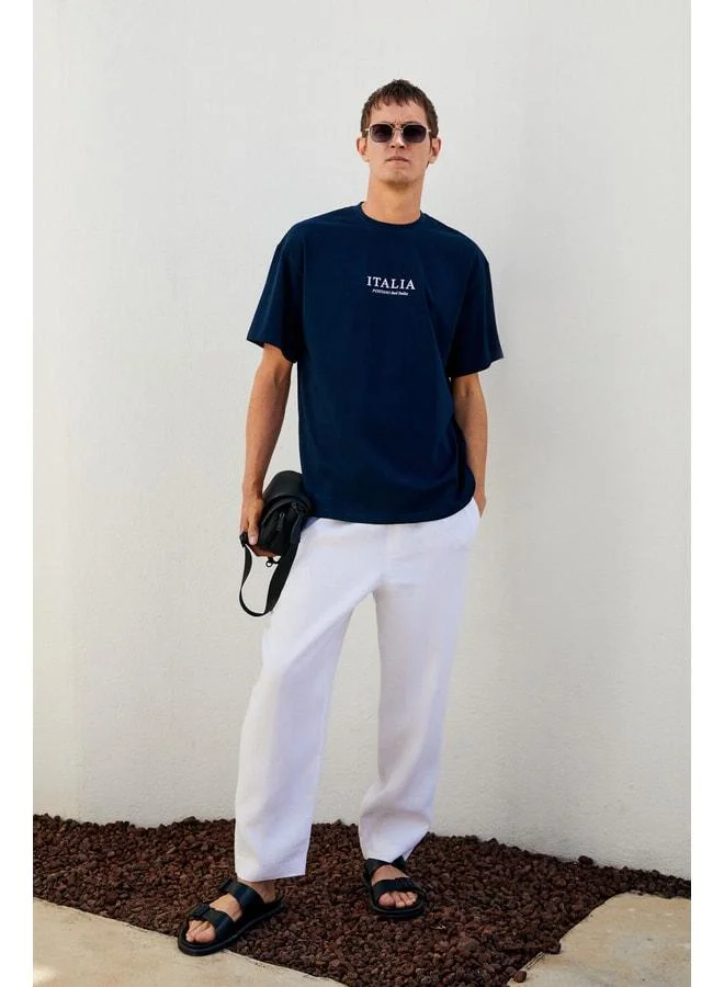 Grimelange ITALIA Men's 100% Organic Cotton Front and Back Print Detailed Oversized Short Sleeve Navy T-Shirt.