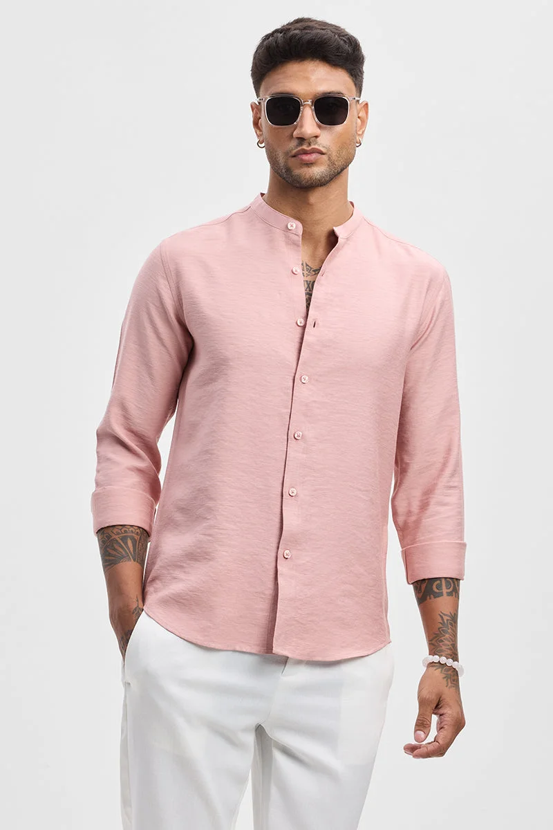 سنيتش Light Pink Textured Long Sleeve Slim Fit Casual Shirt