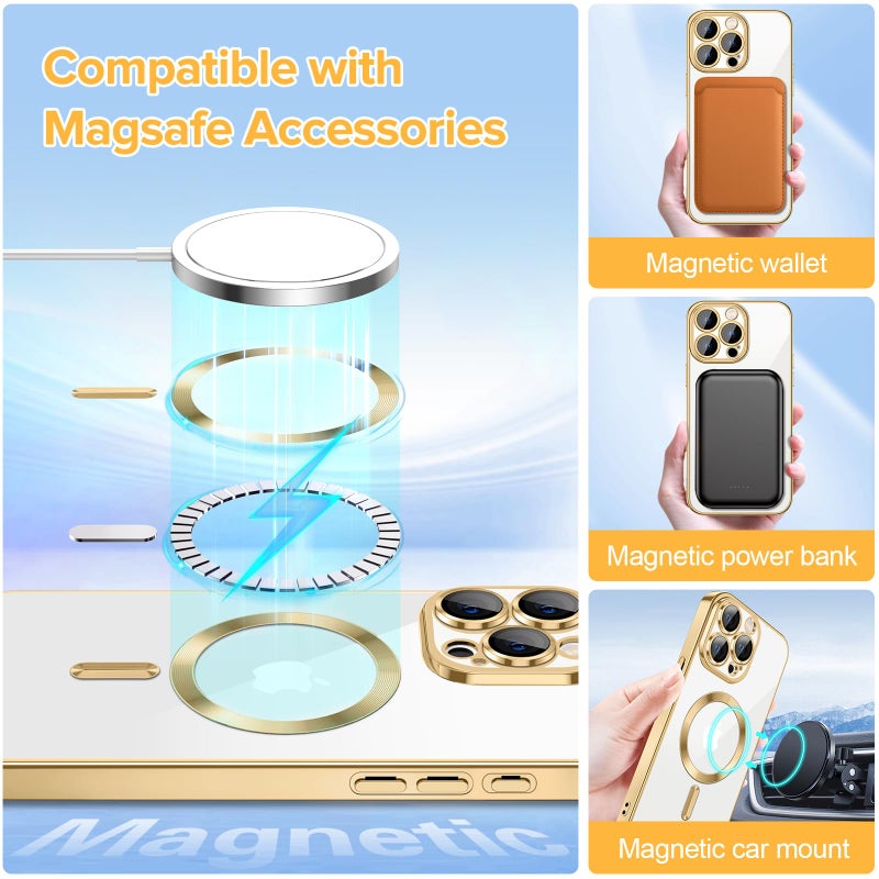 Hython Magnetic Clear for iPhone 15 Pro Case with Camera Lens Protector [Compatible with MagSafe] Luxury Plating Edge Slim Soft TPU Cover Protective Phone Case for iPhone 15 Pro 6.1", Gold - Image 3
