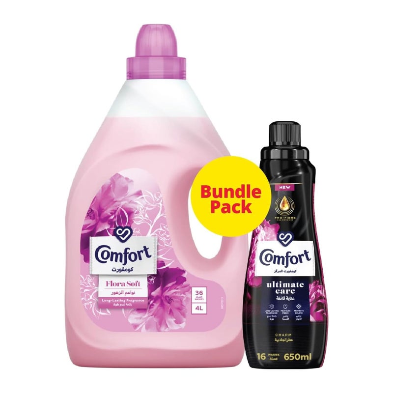 Flora Soft Pink Fabric Softener 4 Litres + Ultimate Care Assorted 650 ml