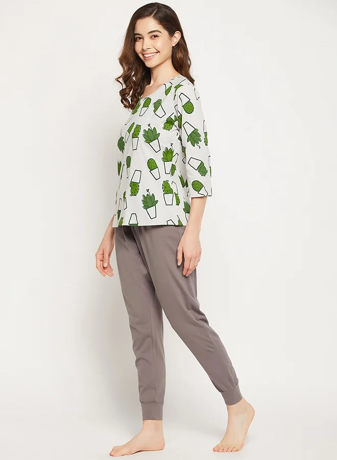 Clovia Clovia Cactus Print Top in White & Chic Basic Joggers in Dark Grey - 100% Cotton