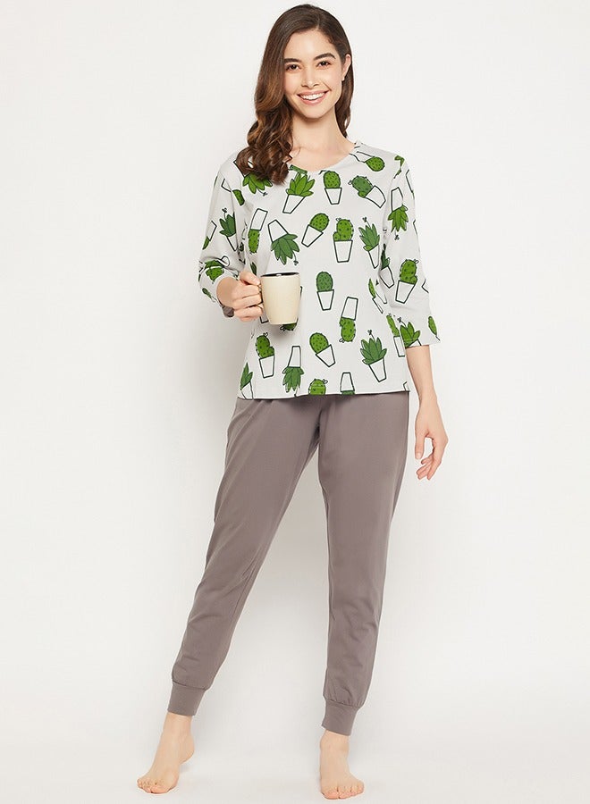 Clovia Cactus Print Top in White & Chic Basic Joggers in Dark Grey - 100% Cotton - Image 2