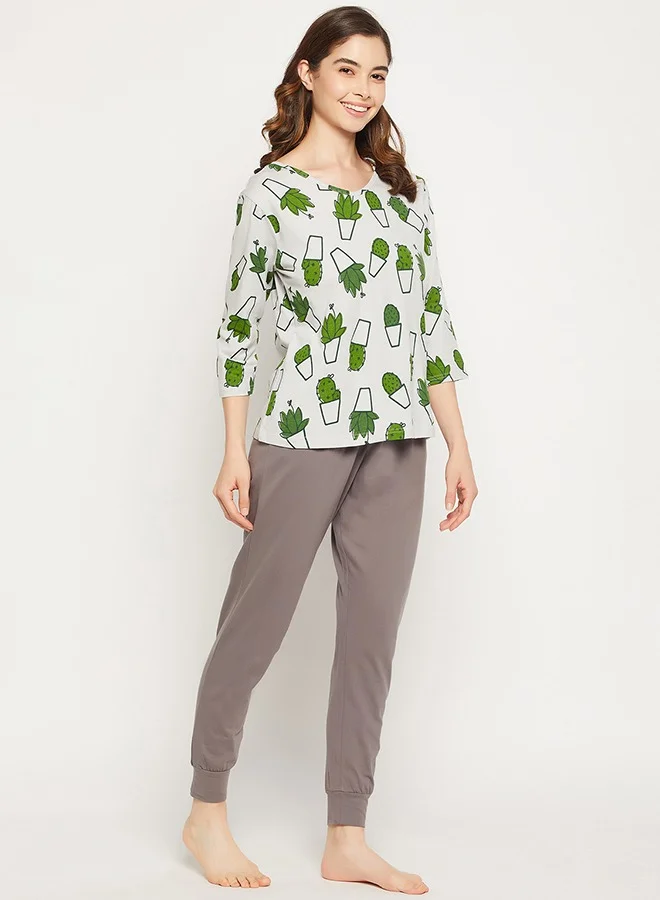 Clovia Clovia Cactus Print Top in White & Chic Basic Joggers in Dark Grey - 100% Cotton