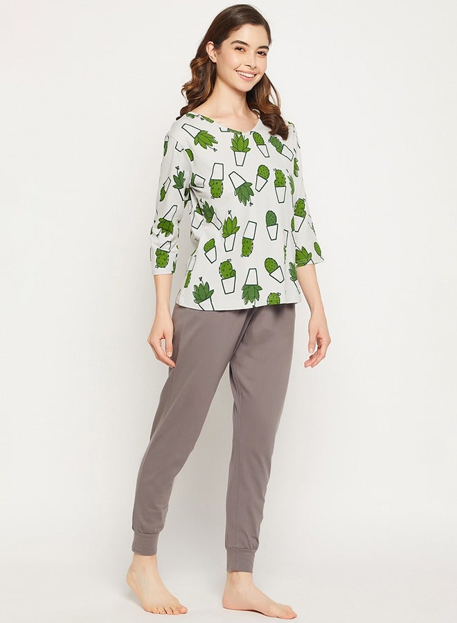 Clovia Cactus Print Top in White & Chic Basic Joggers in Dark Grey - 100% Cotton - Image 4