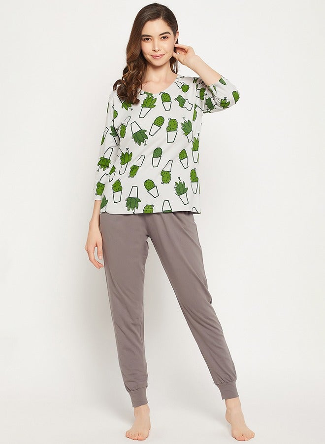 Clovia Cactus Print Top in White & Chic Basic Joggers in Dark Grey - 100% Cotton - Image 1