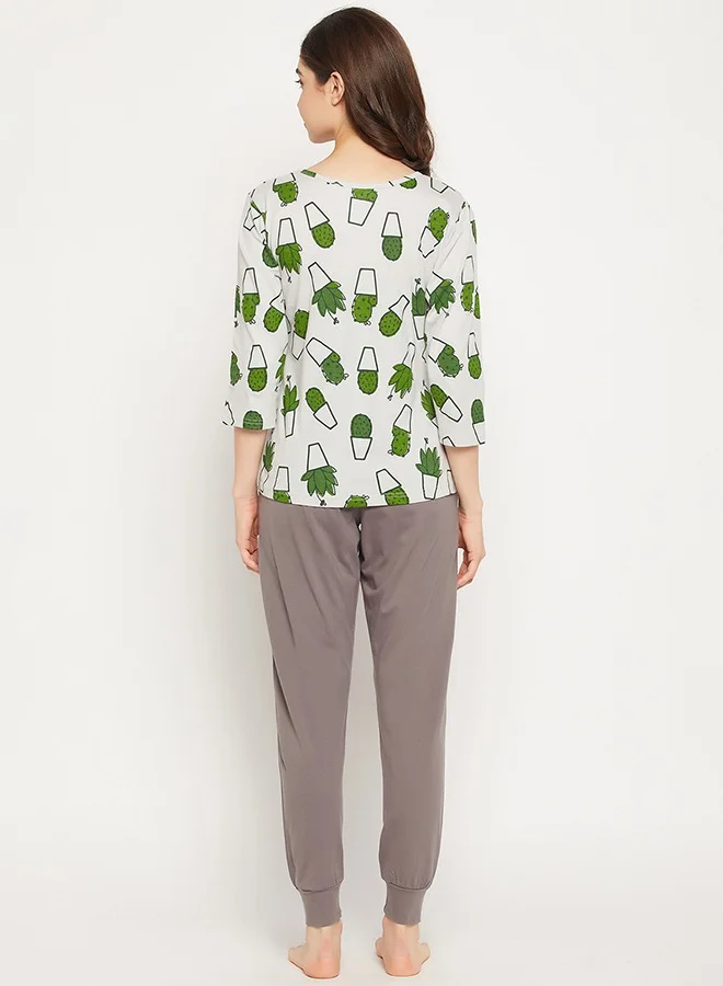 Clovia Clovia Cactus Print Top in White & Chic Basic Joggers in Dark Grey - 100% Cotton