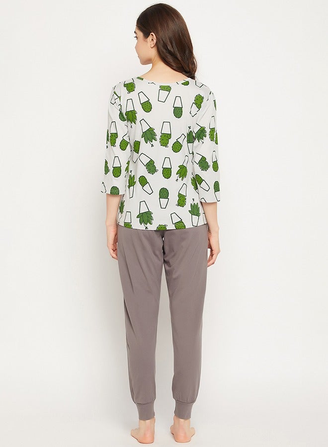 Clovia Cactus Print Top in White & Chic Basic Joggers in Dark Grey - 100% Cotton - Image 5