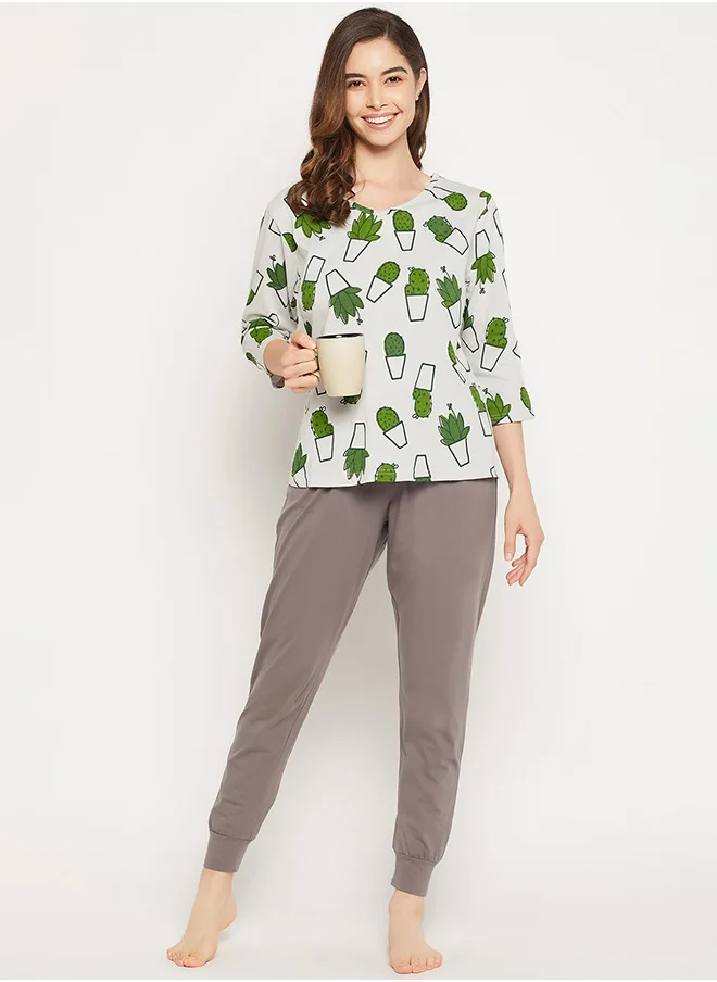 كلوفيا Clovia Cactus Print Top in White & Chic Basic Joggers in Dark Grey - 100% Cotton