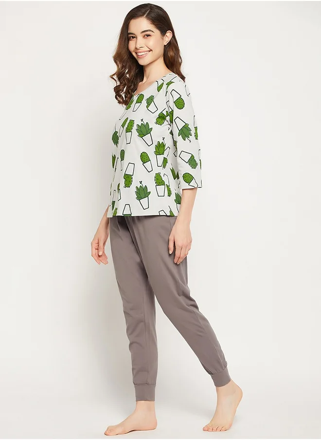 Clovia Clovia Cactus Print Top in White & Chic Basic Joggers in Dark Grey - 100% Cotton