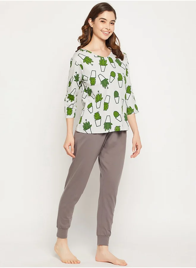 Clovia Clovia Cactus Print Top in White & Chic Basic Joggers in Dark Grey - 100% Cotton