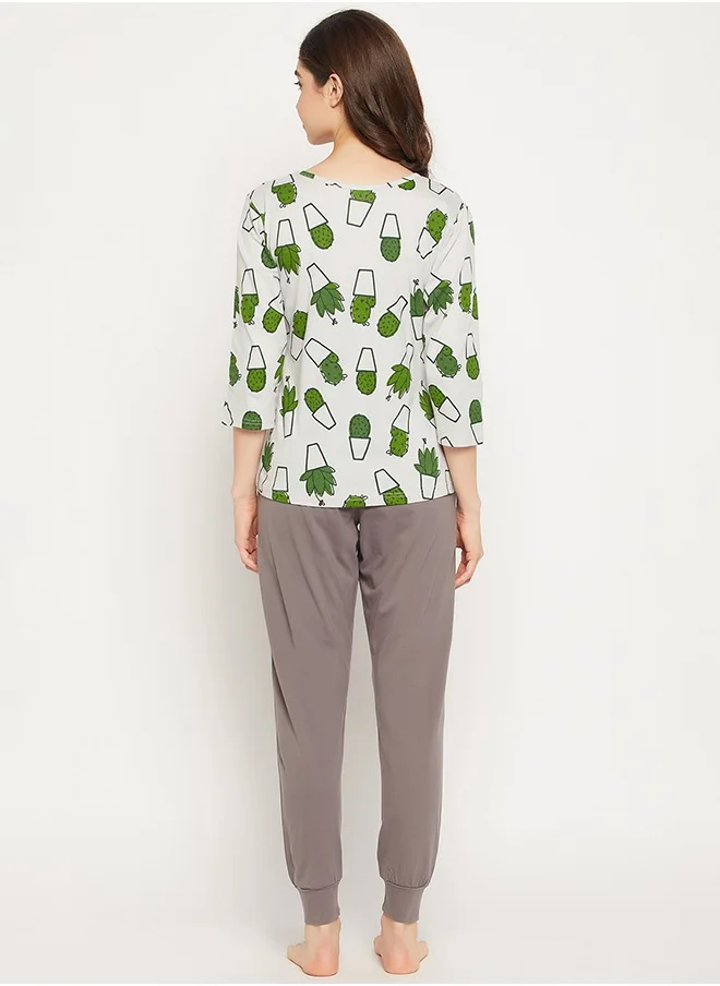 Clovia Clovia Cactus Print Top in White & Chic Basic Joggers in Dark Grey - 100% Cotton