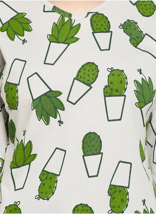Clovia Clovia Cactus Print Top in White & Chic Basic Joggers in Dark Grey - 100% Cotton